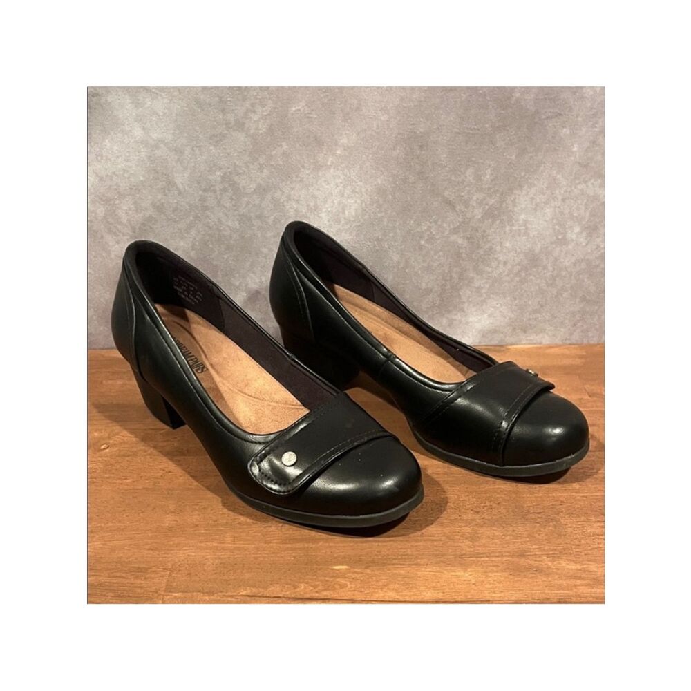 Dream Pairs Black Low Block Heel Vegan Leather Pumps with Strap Accent size 11